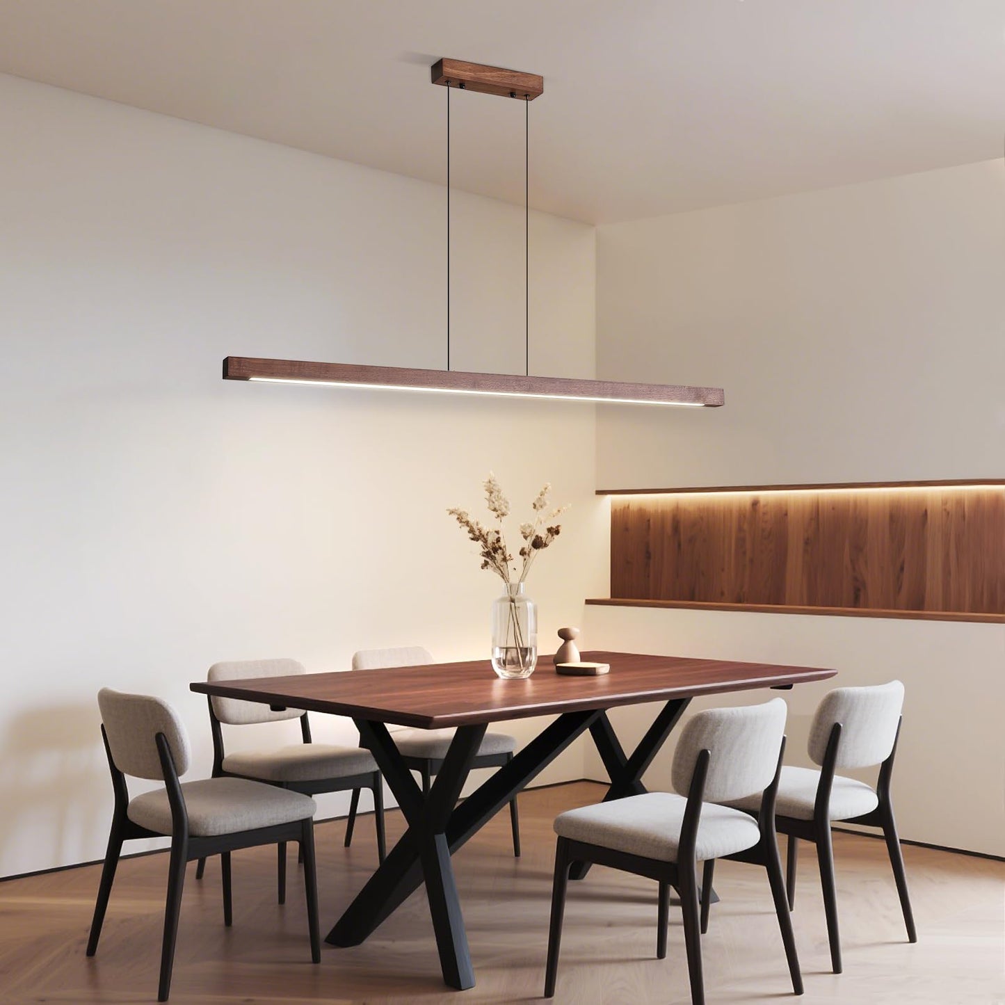 Modern Wooden Pendant Light 47In Walnut Wooden Chandelier With Remote Control 3000K-6500K Adjustable Color Temperature Aluminum Island Lighting Lamp For Dining Room Living Room B