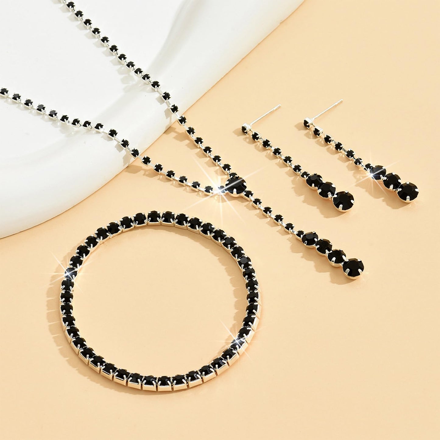 HUASAI Black Wedding Jewelry Sets for Brides Rhinestone Necklace Earrings Bracelet Set Bridal Costume Jewelry for Women Formal W