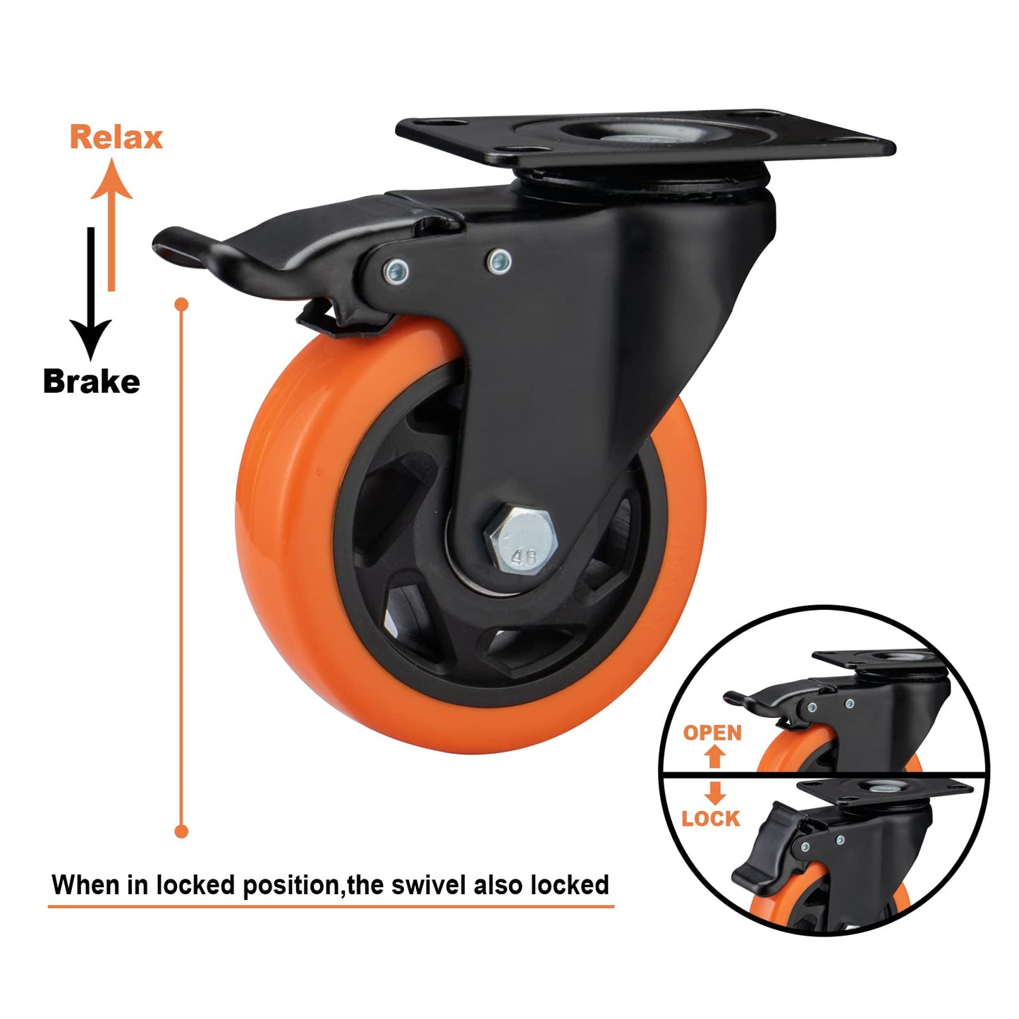 ASRINIEY 4" Caster Wheels, Casters Set of 4 Heavy Duty - Orange Polyurethane Castors, Top Plate Swivel Wheels, 4-Pack Industrial Casters with Brake, Locking Caster for Furniture and Workbench