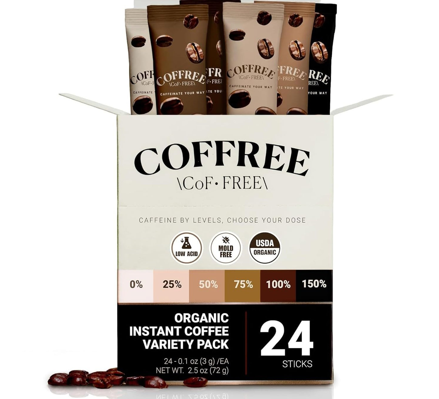 COFFREE Organic Instant Coffee Packets Variety Pack - Convenient Single Serve Coffee Sticks Mold Free Low Acid Arabica for On-the-Go Energy - 0-150% Caffeine Options for Hot or Cold Brew - 24 Count