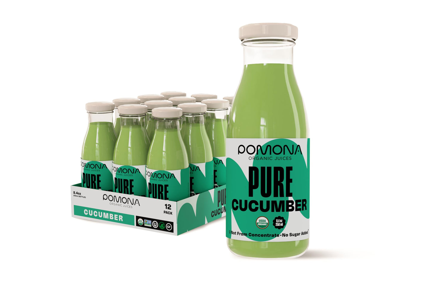 Pomona Organic Juices Pure Cucumber Juice 8.4 Ounce Bottle (Pack of 12) Cold Pressed Organic Juice Non-GMO No Sugar Added Not from Concentrate Gluten Free Kosher Certified Preservative Free