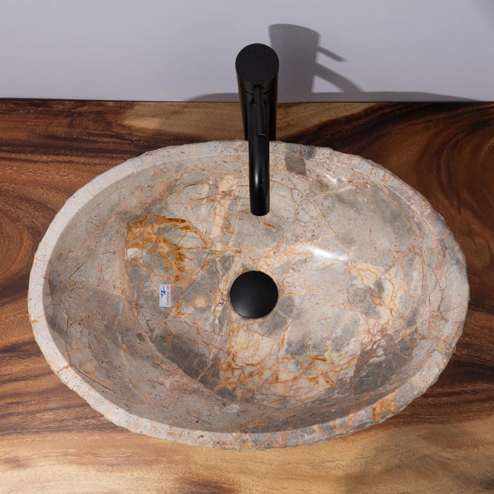 Golden Gray Marble Vessel Sink, Hand-Carved Canoe-Shaped Bathroom Sink in Solid Natural Marble, Beige with Gold & Gray Earth Tone Veins ā Modern Rustic Countertop Sink
