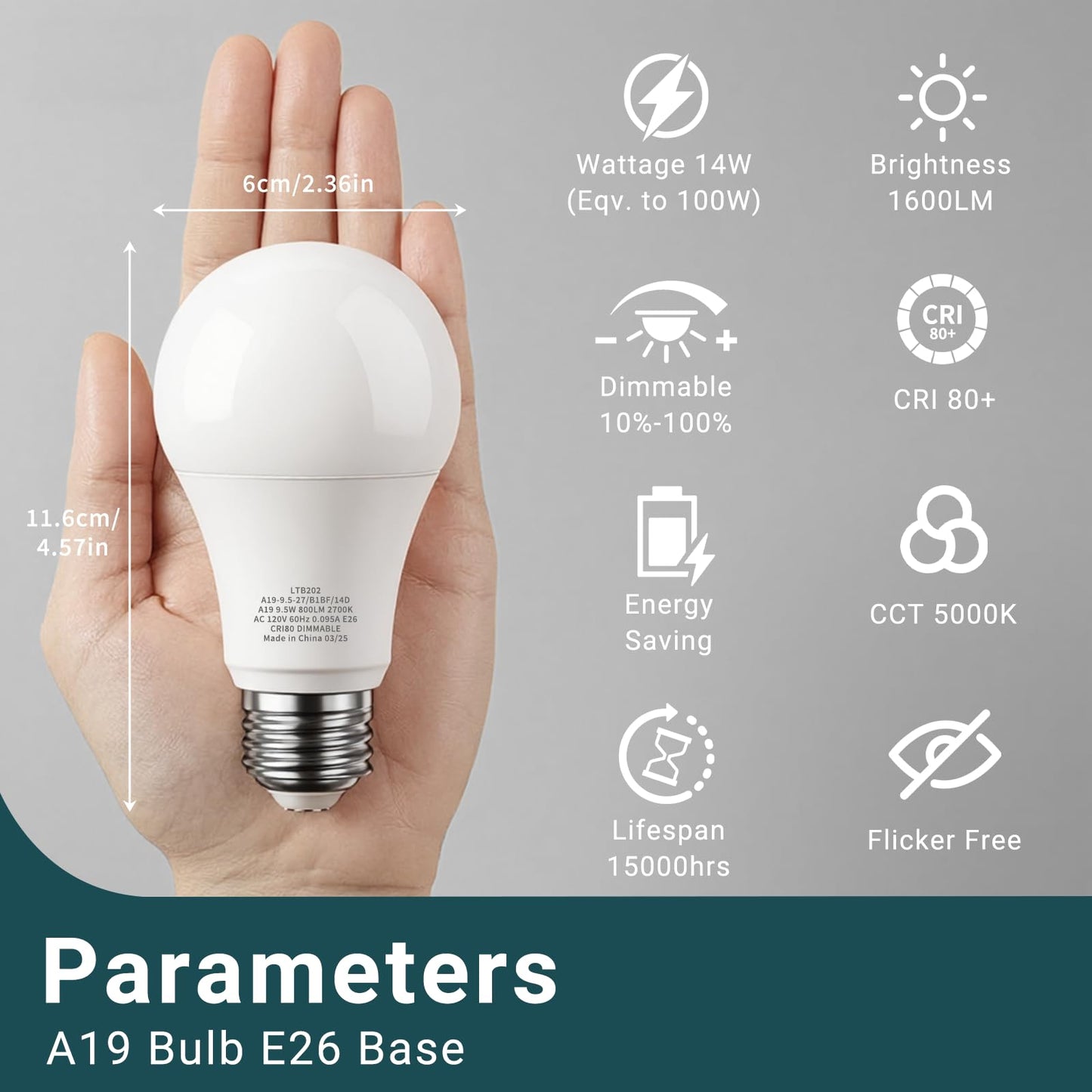 novapollo Dimmable Light Bulb, 100 Watt Equivalent LED Bulbs, E26 14W 1600LM 5000K Daylight White A19 Lightbulbs, 80+ CRI, 15,000 Hour Lifespan - 6 Pack