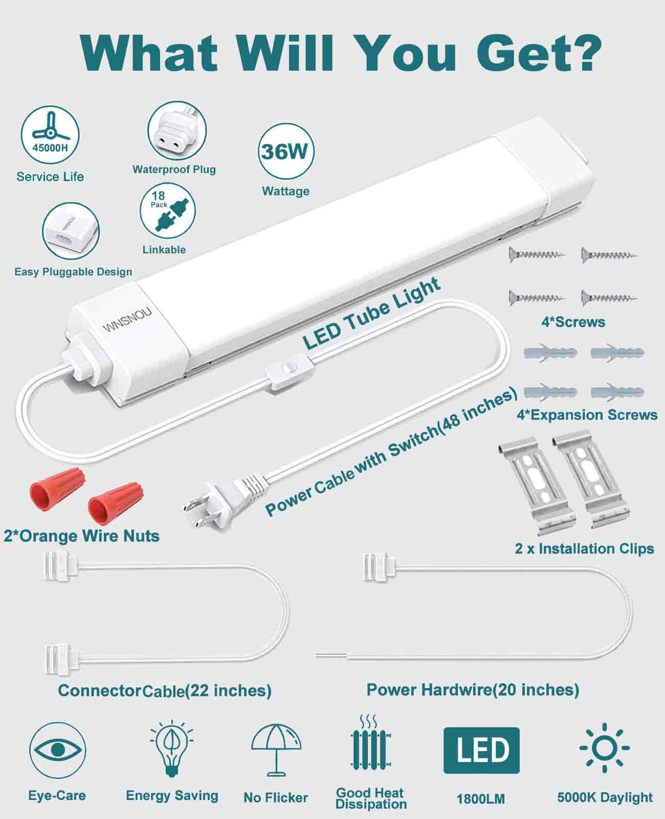 Wnsnou Led Shop Light - Waterproof & Linkable Tube Light, 18W 2000Lm, 5000K, 2Ft (2Pcs), well-designed Aluminum & Pc