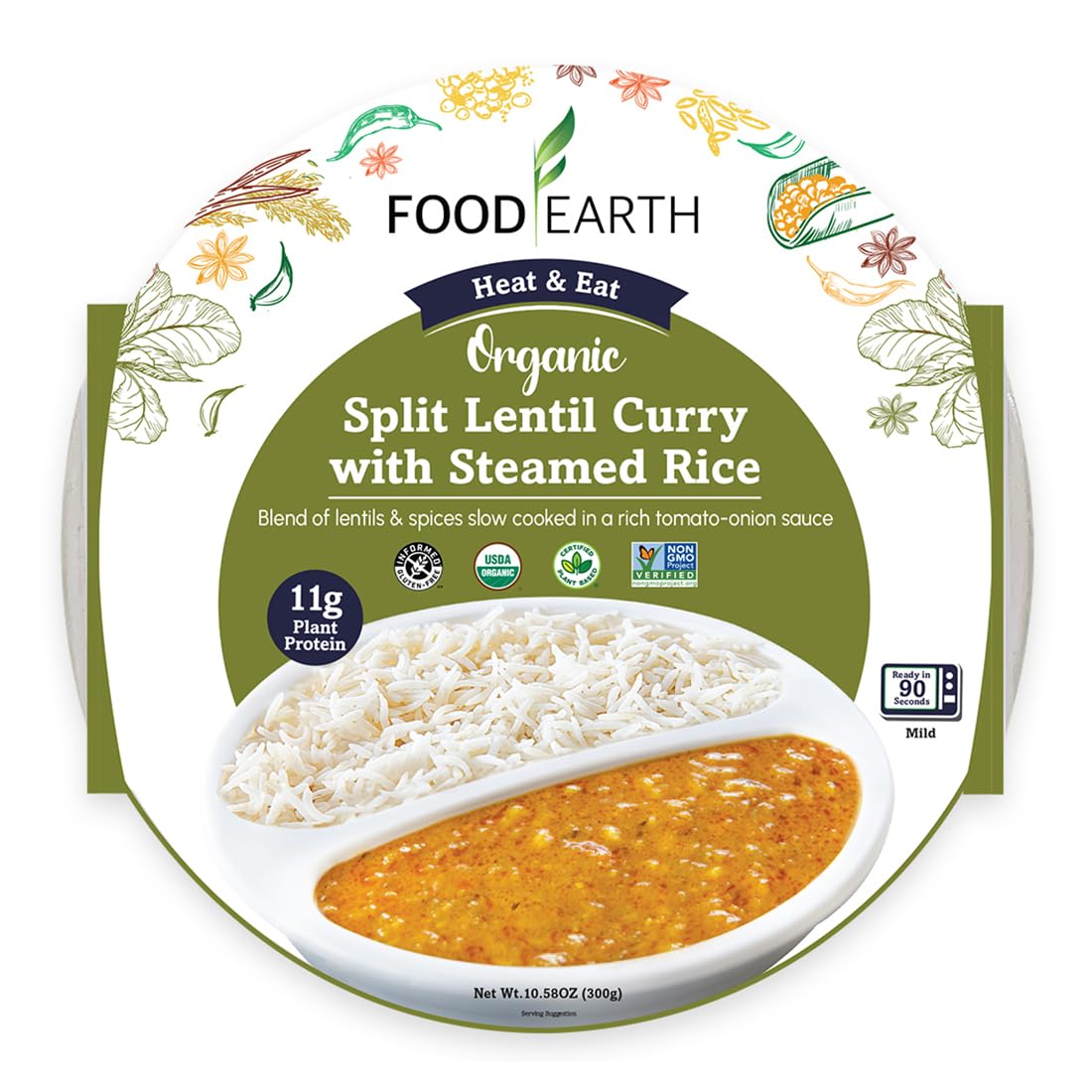 Food Earth Ready to Eat Indian Cuisine - Split Lentil Curry with Steamed Rice - Microwavable, Organic, Vegan, Gluten-Free, GMO-F