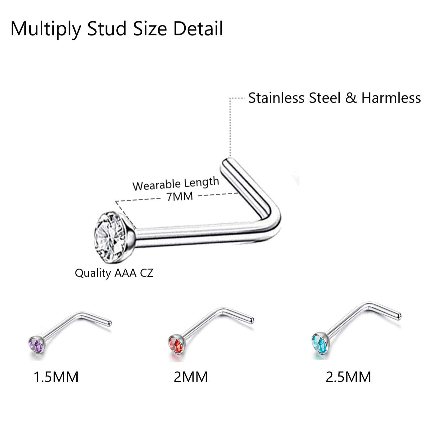 3 Sets 160 Pcs Stainless Steel Nose Piercing Jewelry, L Shaped Nose Rings & Studs, Colorful Hoops for Women & Men, 1.5/2/2.5mm,