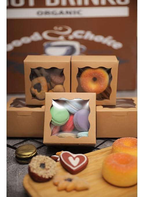 Bakepacker Kraft Bakery Boxes with Window - 4x4x2.5 inches Small Size Pastry & Mini Cookie Boxes for Bakeries - Thick & Sturdy (100 Packs)