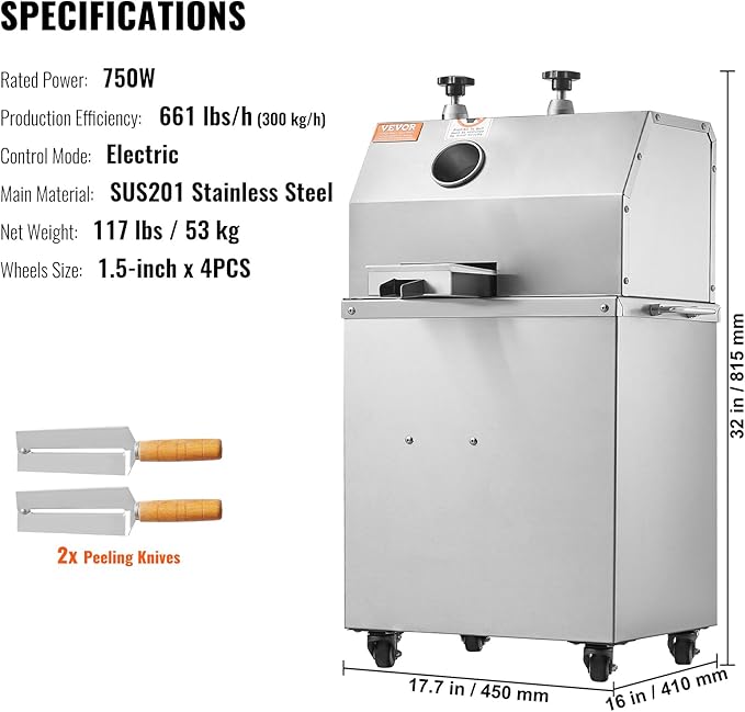 VEVOR Electric Sugar Cane Juicer, 750W Sugarcane Juicer Machine with 661LBS/H High Output, 3 Stainless Steel Rollers, 2.4" Large Inlet, Sugarcane Juice Extractor Squeezer on Wheels for Home/Commercial