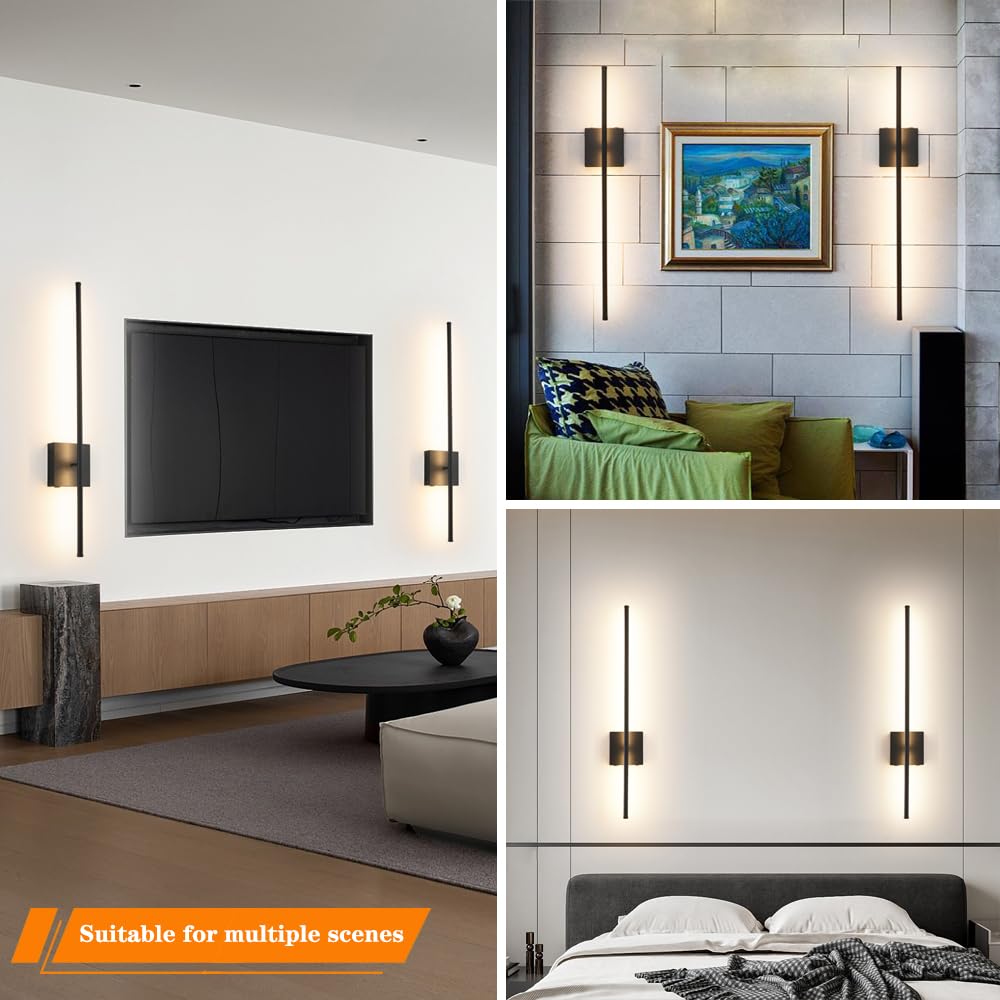 Ditoon Battery Operated Wall Sconce Set of 2, Dimmable LED Lighting, 31.6in, Black, USB Rechargeable with Remote Control