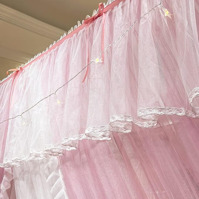 Mengersi Canopy Bed Curtains with Lights,4 Corner Bed Canopy Royal Luxurious Bed Drapes Netting,Princess Bed Curtains for Girls Adults Bedroom Decoration (Pink, King)