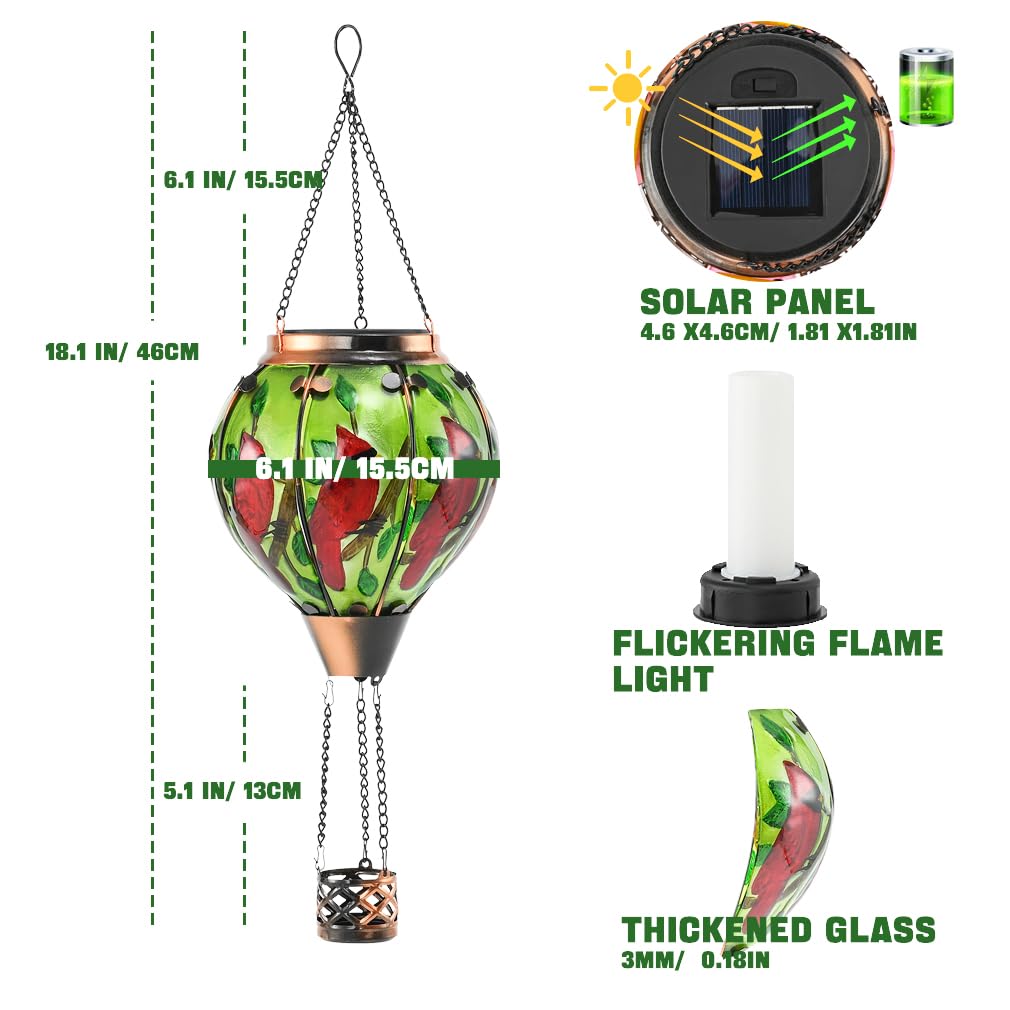 Hot Air Balloon Solar Lantern - Cardinal Bird Glass Lantern Simulated Flickering & Dancing Flame Outdoor Hanging Yard Light Waterproof Ip65 For Patio Lawn Porch Decor Gift