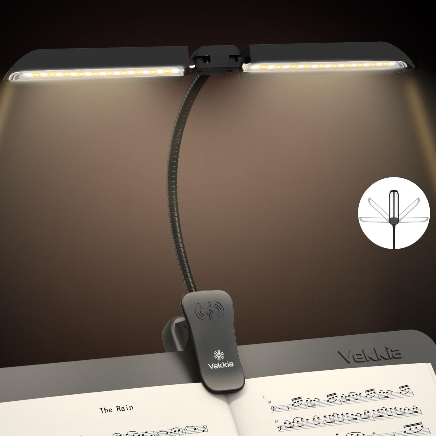 Vekkia 64 Led Rechargeable Music Stand Light - Folding Clip On Piano Lamp, Portable Professional with 5 Brightness 3 Color Temp