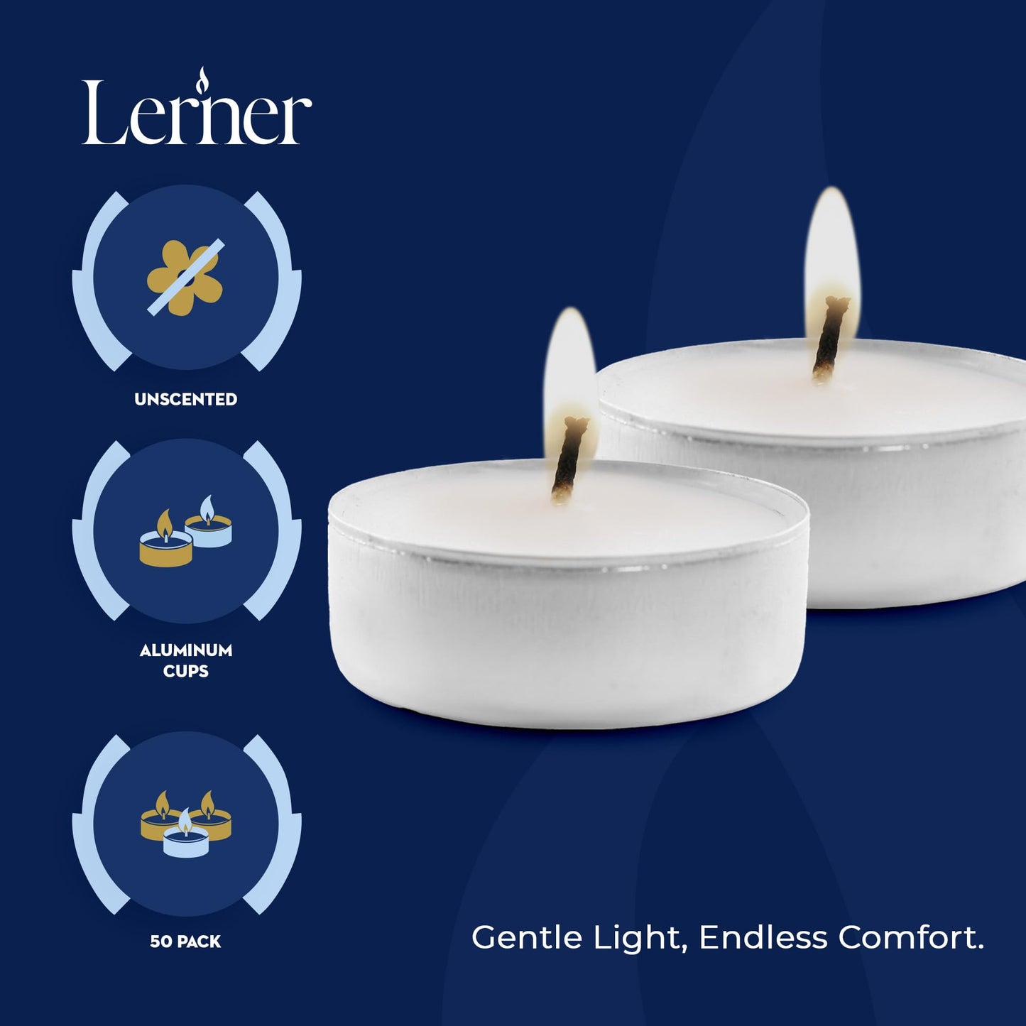Lerner Tealight Candles 50 Count| 6 Hours Long-Burning White Tea Light Candles| Non-Toxic Smokeless & Soot-Free Tea Light Warmer Candles | Unscented Party D?Or Shabbat Tea Candles