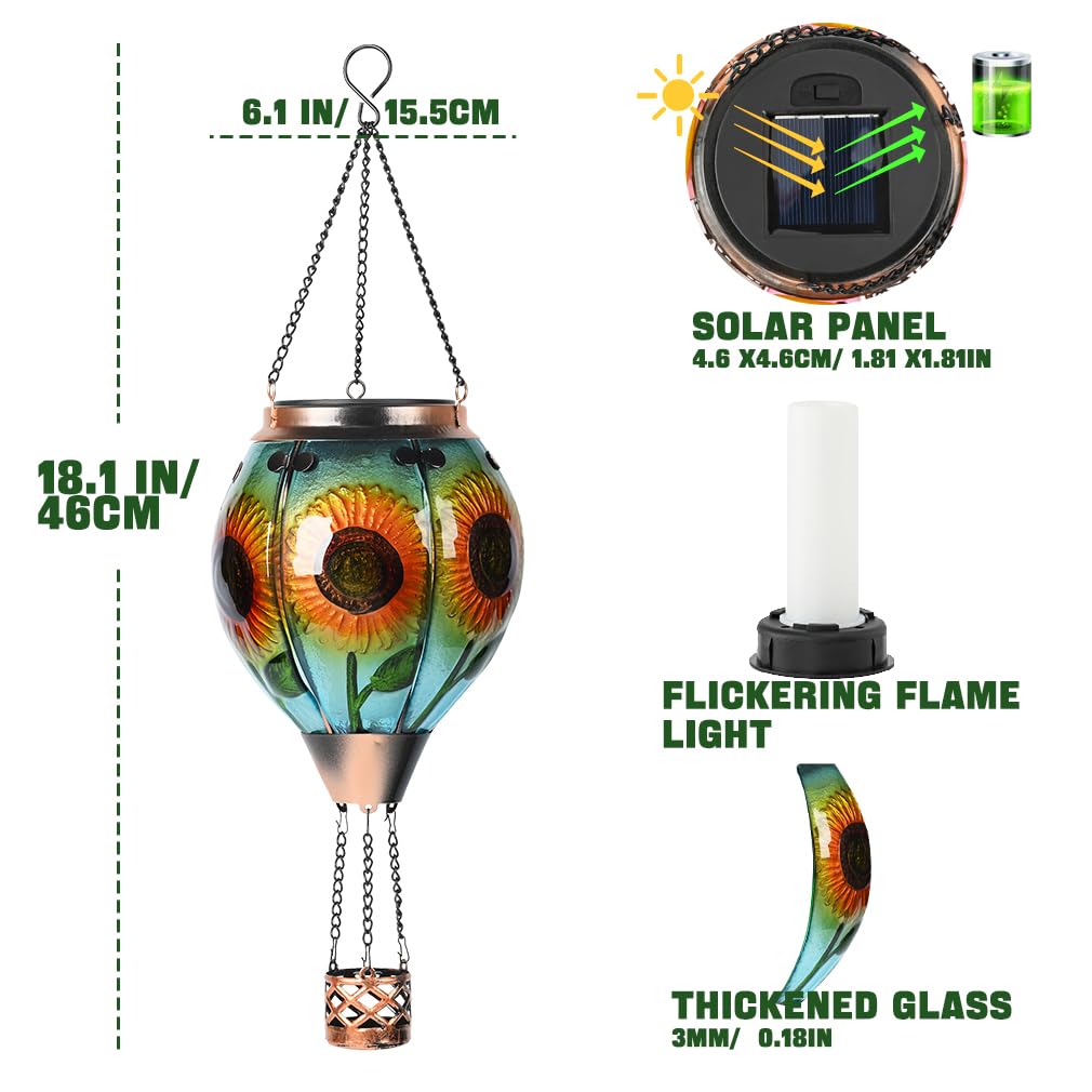 Hot Air Balloon Solar Lantern - Sunflower Glass Lantern Simulated Flickering & Dancing Flame Outdoor Hanging Yard Light Waterproof Ip65 For Patio Lawn Porch Decor Gift