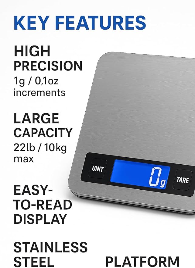 Digital Kitchen Scale 10kg/22lb – 1g High Precision Food Scale, Stainless Steel Platform, LCD Display, Tare Function, Battery Powered for Cooking, Baking & Meal Prep