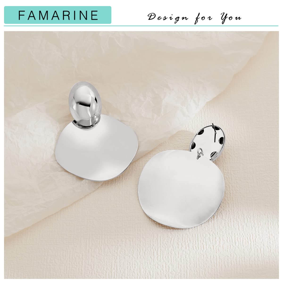 FAMARINE Silver Big Disc Statement Earrings Smooth Round Hammered Dangle Earrings for Women Earrings Fashion Jewelry