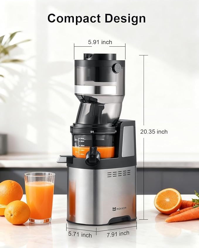 MOKKOM Commercial Cold Press Juicer, 5.9" Large Feed Chute Juice Extractor Machine, High Juice Yield, Slow Masticating Juicer for Whole Vegetables & Fruits, Easy to Clean for home and commercial use