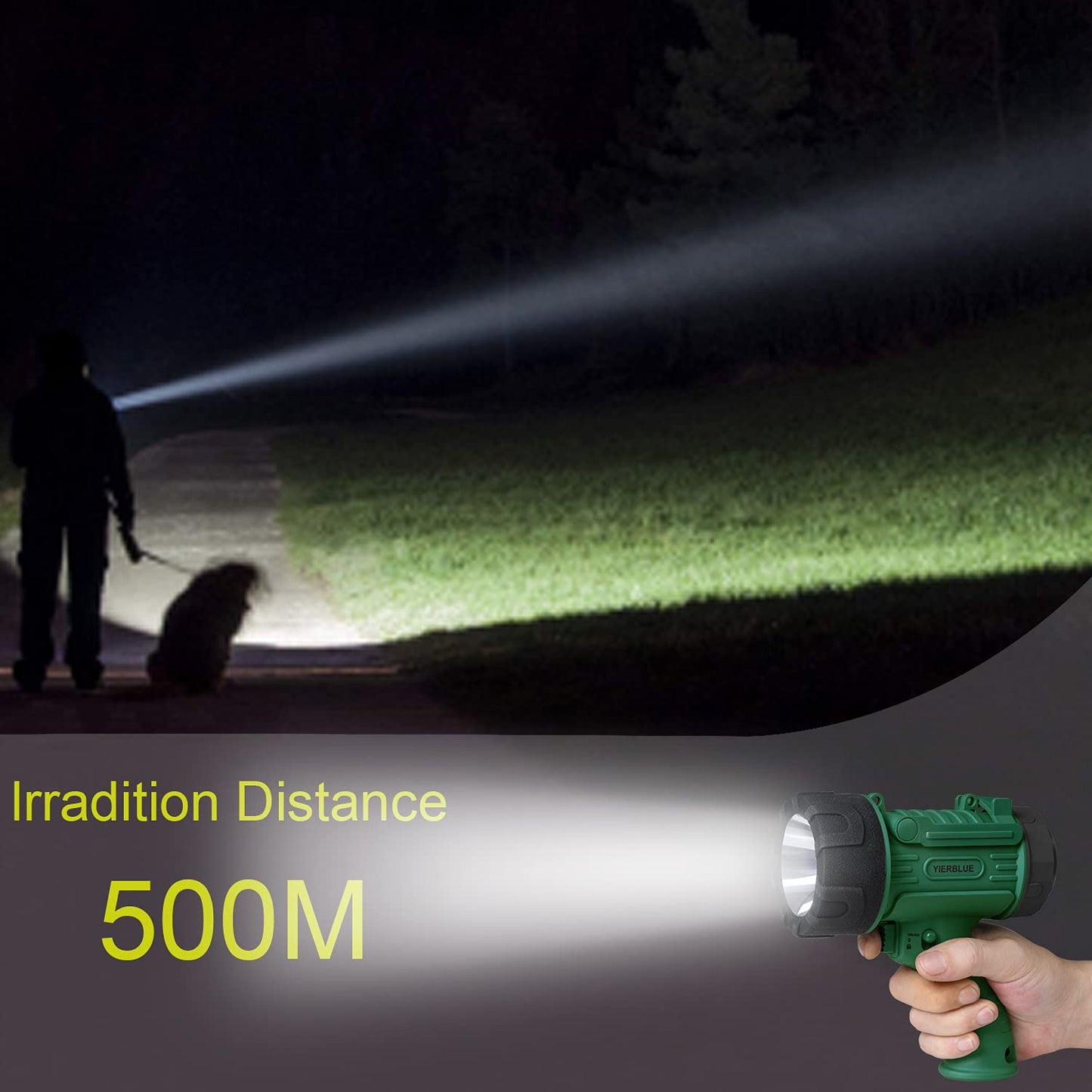 YIERBLUE Rechargeable Spotlight Flashlight 100000 High Lumen LED 20Hrs Runtime 10000mAh Power Bank IP67 Waterproof Green-L Model F-010