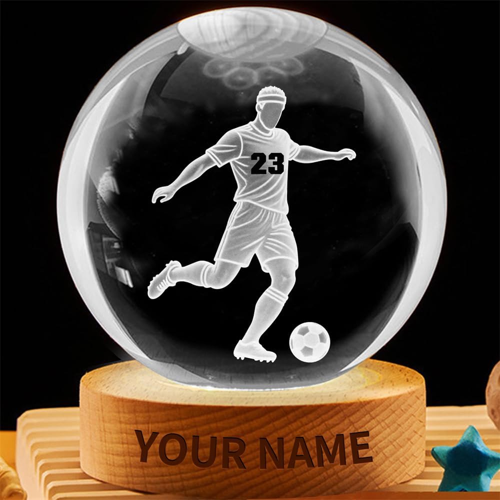 Personalized Soccer Crystal Night Light Gift for Men Women, Custom Name/Number Soccer Player 3D Crystal Ball Night Light Lamp for Bedroom Room Sports Decor Party Bar Christmas Birthday Gift
