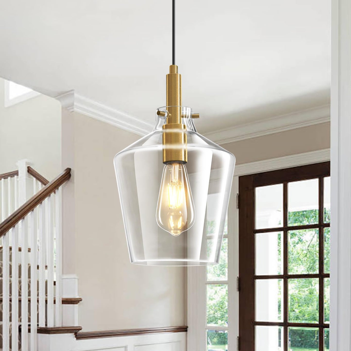 Vaziden Modern Glass Pendant Lighting For Kitchen Island Farmhouse Gold Pendant Light Fixtures 1 Pack Adjustable Hanging Ceiling Light Angled Clear Glass Shades 8 Inch