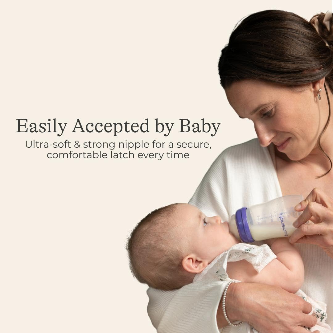 Lansinoh Anti-Colic Baby Bottles for Breastfeeding Babies, 8 Ounces, 3 Count, Includes 3 Medium Flow Nipples, Size M