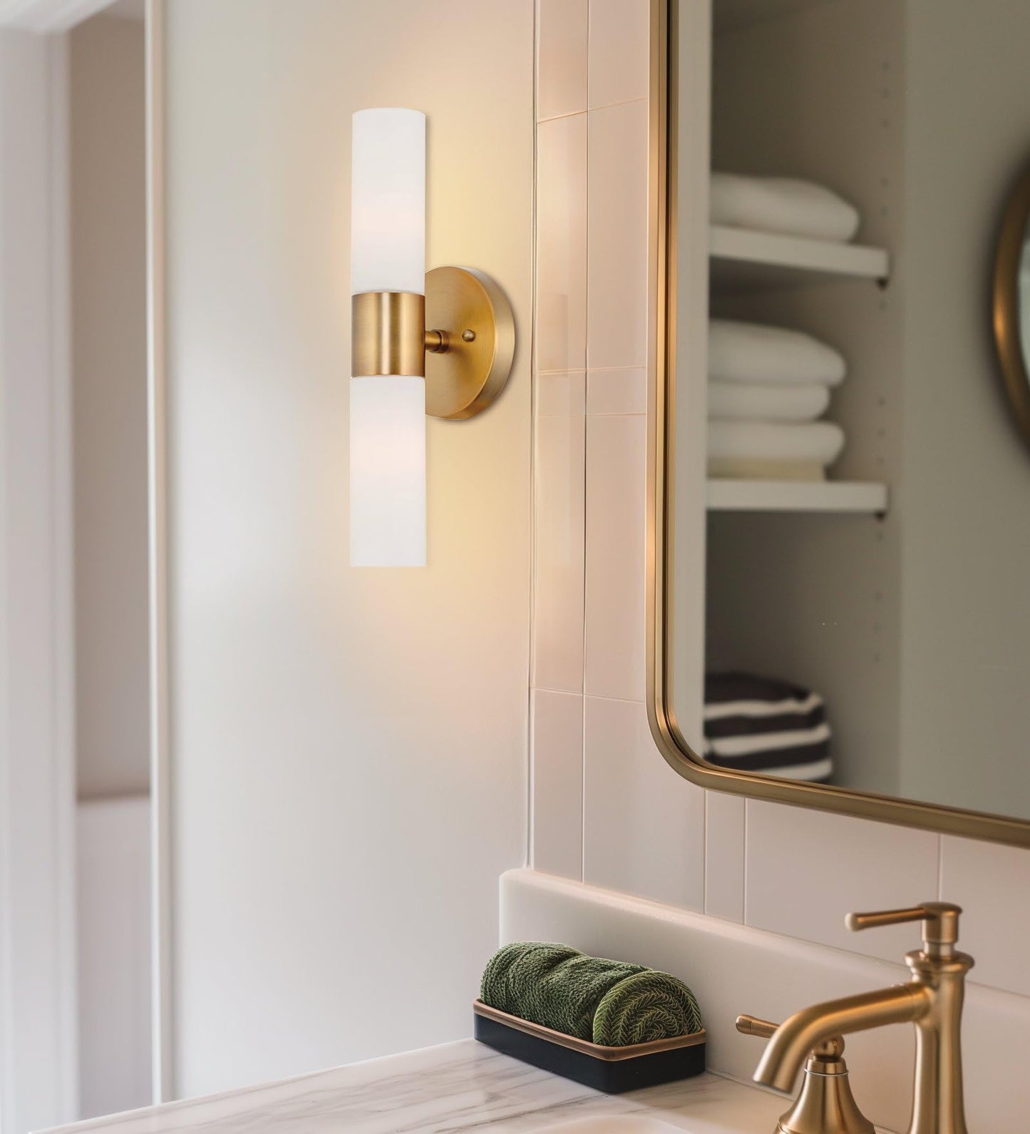 Kira Home Wall Sconce, 14in Modern Design, Frosted Glass Shades, Warm Brass Finish, Model RV-W131-14-WB