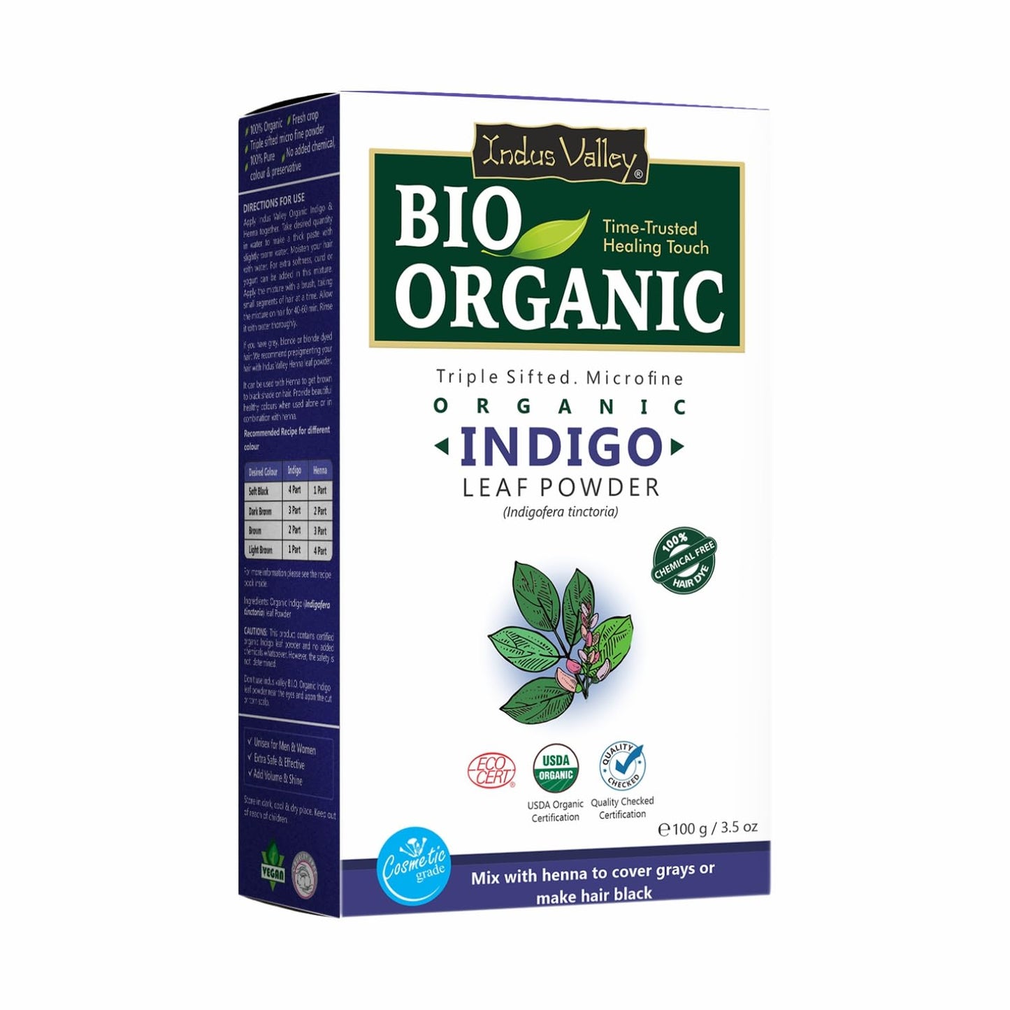 Indus Valley Bio Organic 100% Pure Indigo Powder Color for Natural Hair Dyeing | Organic Indigo Powder Without Preservatives & D
