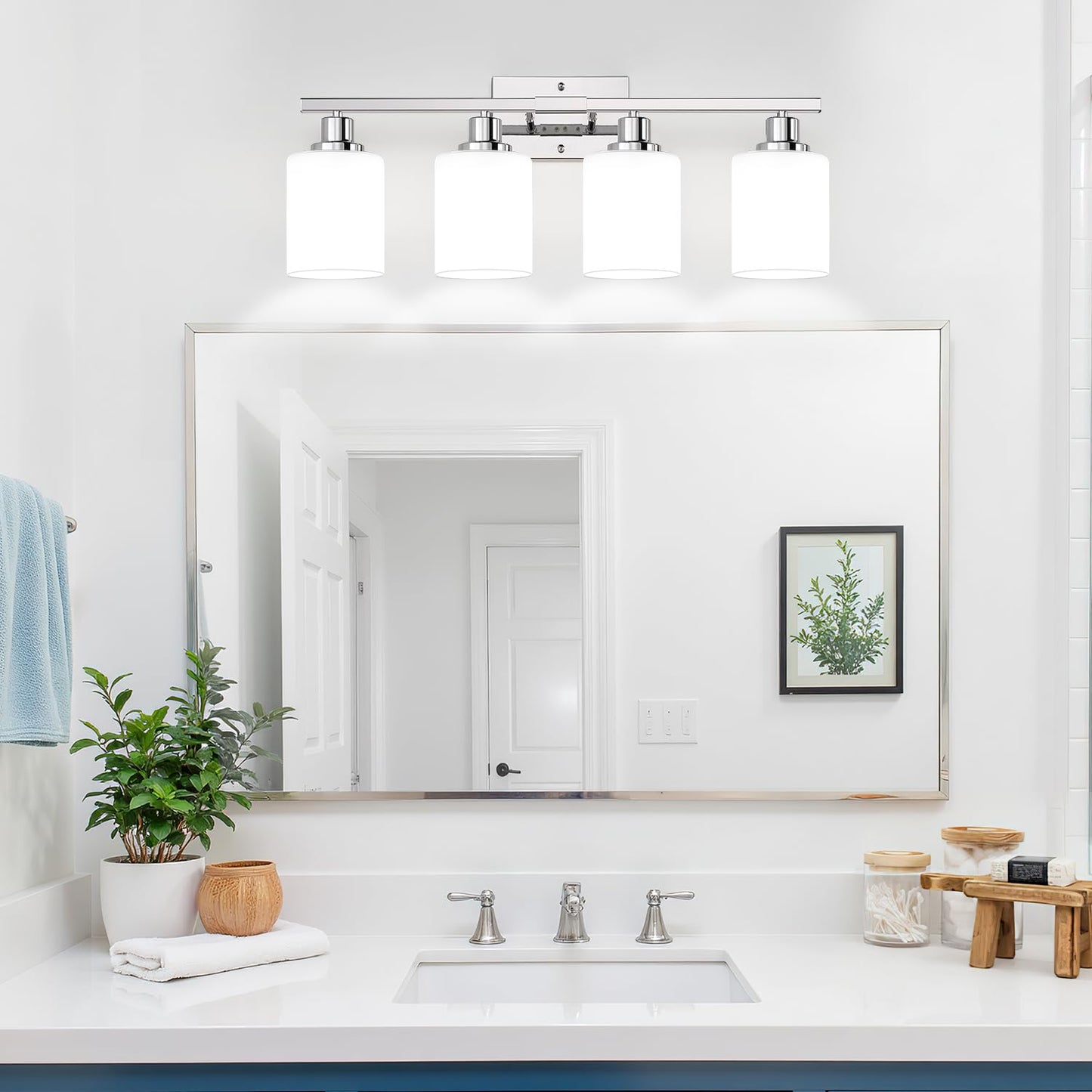 4-Light Vanity Light With Milky White Shades Chrome Bathroom Lighting Fixtures Over Mirror Modern Bathroom Wall Lamp For Mirror Living Room Cabinet Bedroom