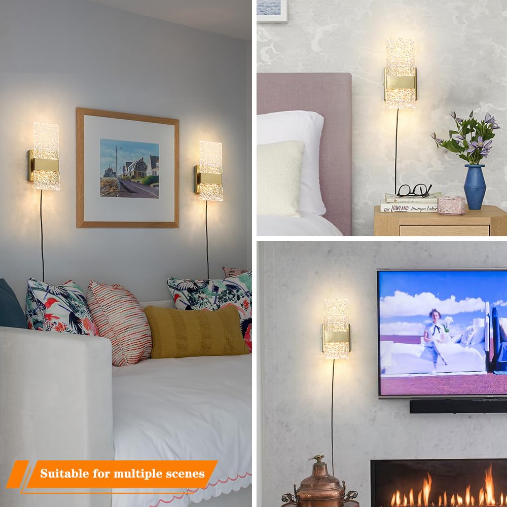 Ditoon Plug in Wall Sconce Set of 2, Brass Gold, Dimmable, Remote Control, 6W, 3000K-5000K, H9.25in