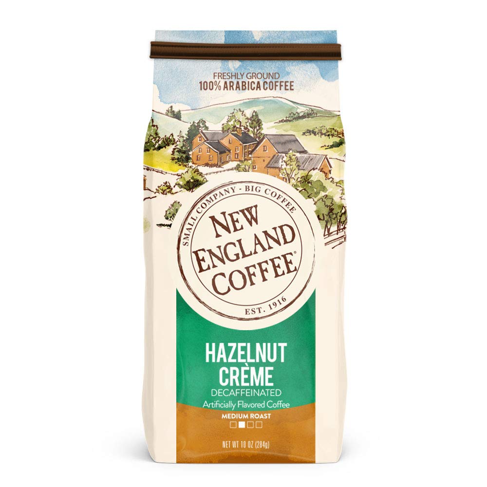New England Coffee Hazelnut Crme Decaffeinated Medium Roast Ground Coffee, 10oz Bag (Pack of 1)