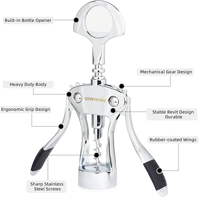 Wing Corkscrew Wine Opener, Premium Zinc Alloy Manual Bottle Opener, Heavy Duty Multifunctional Tool for Kitchen, Bar, Restaurant & Waiters (Aesthetic Silver)