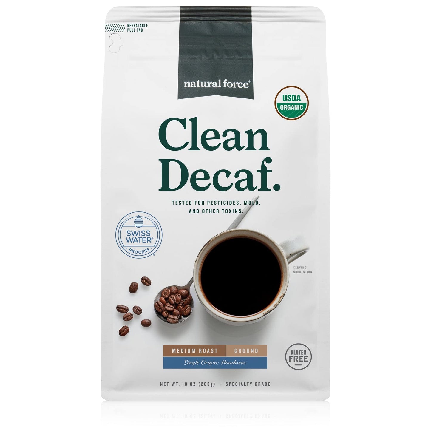 Natural Force - Organic Clean Decaf Coffee Mold & Mycotoxin Free Lab Tested for Toxins & Purity Low Acidity Incredible Taste & Aroma Ground Swiss Water Decaf Medium Roast 10 oz