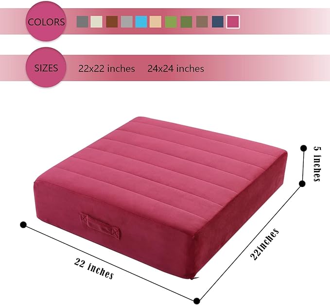 MeMoreCool Square Floor Pillow – 22"x22" Wine Meditation Cushion with 5" Thick Foam Plush Tufted Cover | Machine Washable | Yoga & Seating for Adults and Kids