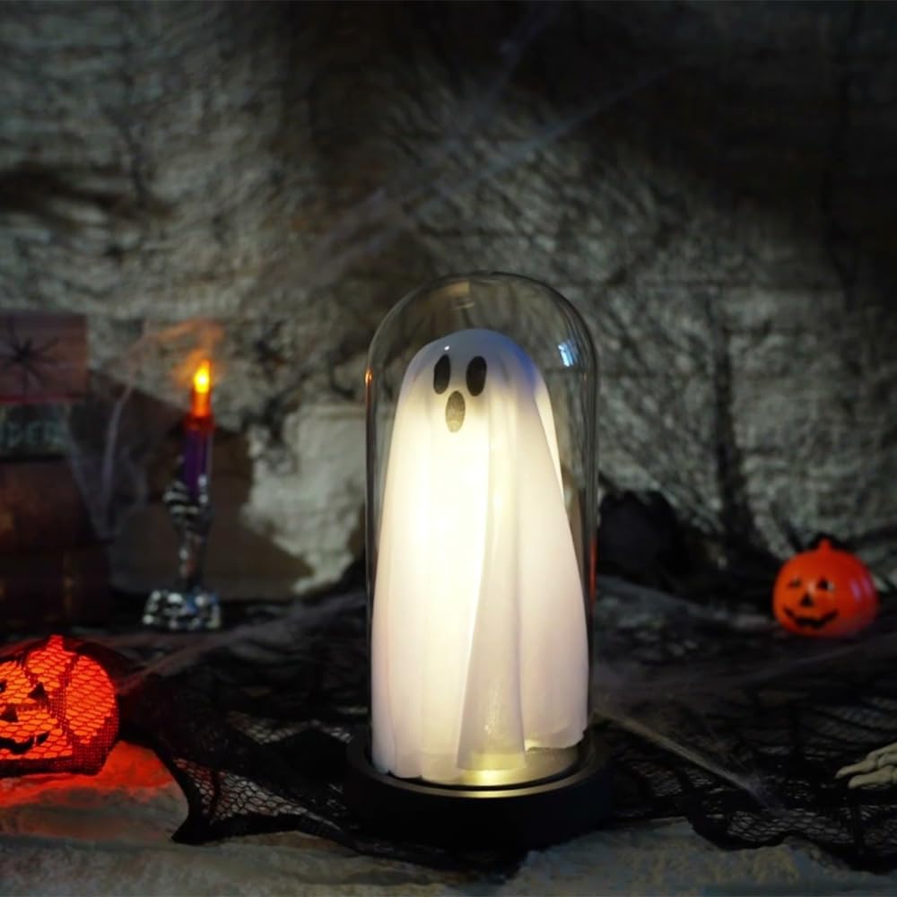Sladpoem Light Up Ghost In Removable Glass Dome Cute White Spirit Decoration For Winter Tabletop Cozy Home Accent Holiday Night Light For Mantel Bedroom Or Office Decor