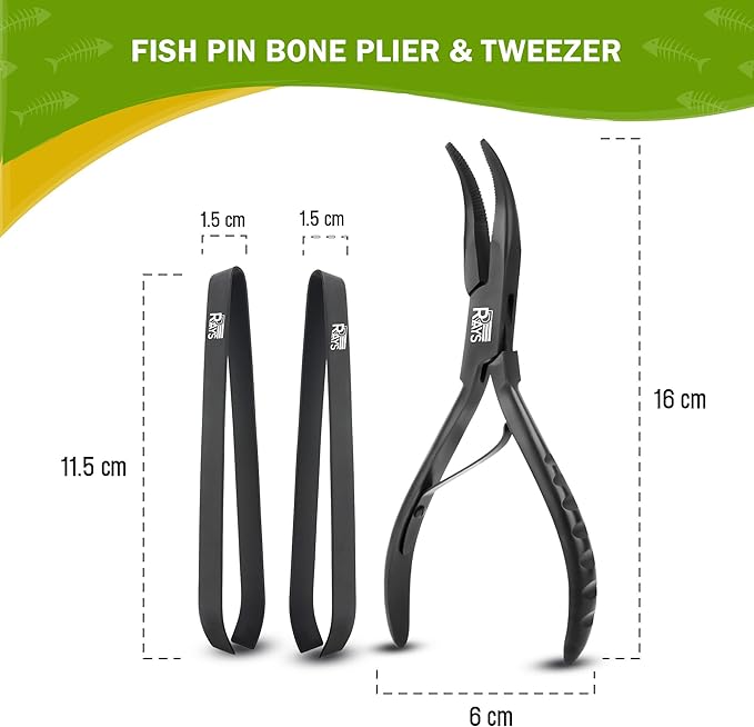 Fish Bone Pliers/Tweezers – Serrated Jaw Plier + Flat & Slant Tweezers | Stainless Steel Pin Bone Remover & Deboning Tools for Salmon, Trout & All Seafood