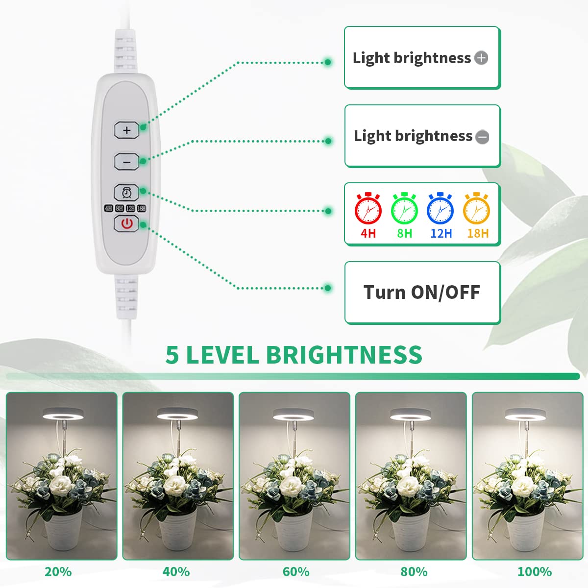 GYTF Halo Plant Grow Light, 6000K White LED, Height Adjustable, Dimmable, Timer, 1 Pack, Aluminum