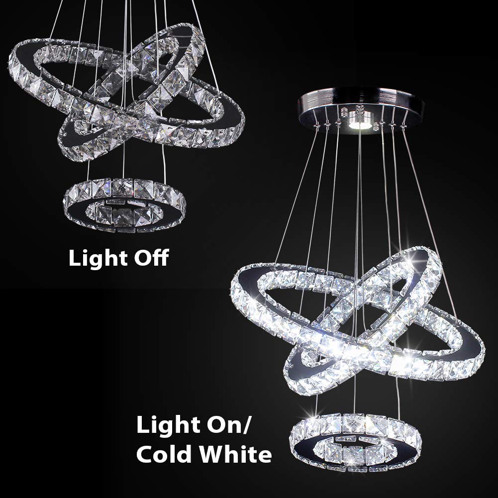 Cainjiazh Modern Crystal Chandelier 3 Rings LED Fixture Adjustable Ceiling Light for Dining Room, Bedroom, Living Room - Cool White, Model US-234YXDD-White