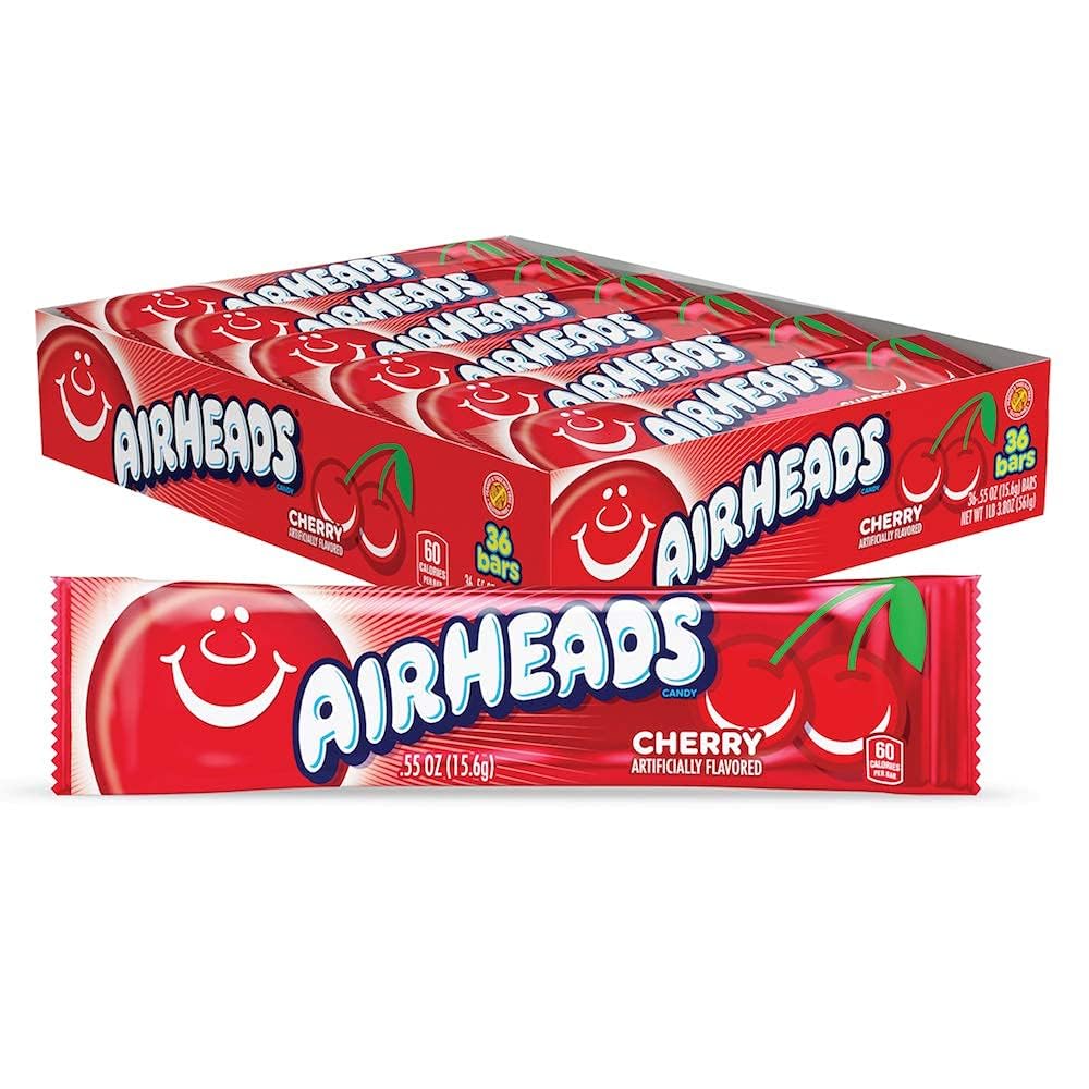 Airheads Full-Size Candy Bars, Taffy Candy Bulk Pack, Individually Wrapped, Cherry Fruit Flavor Artificially Flavored, 36 Count