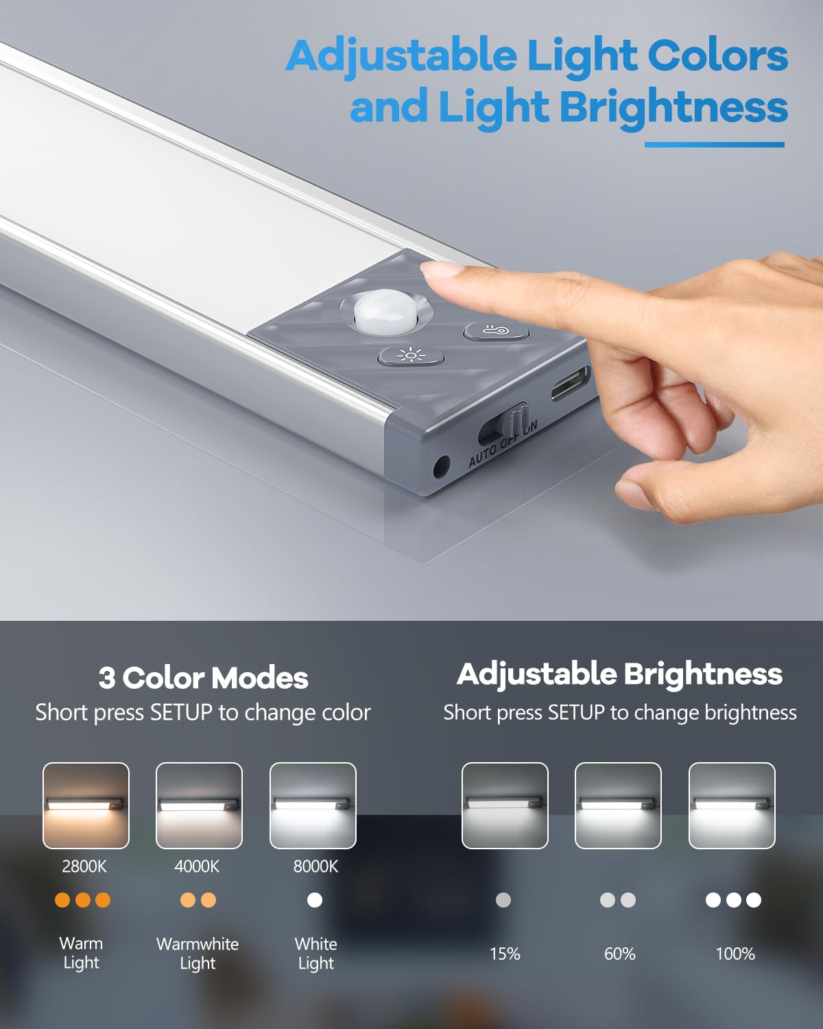 HIBOITEC Under Cabinet Lighting 40 LED Rechargeable Dimmable Motion Sensor 9 inch Short Silver Model HZT-HBSL006