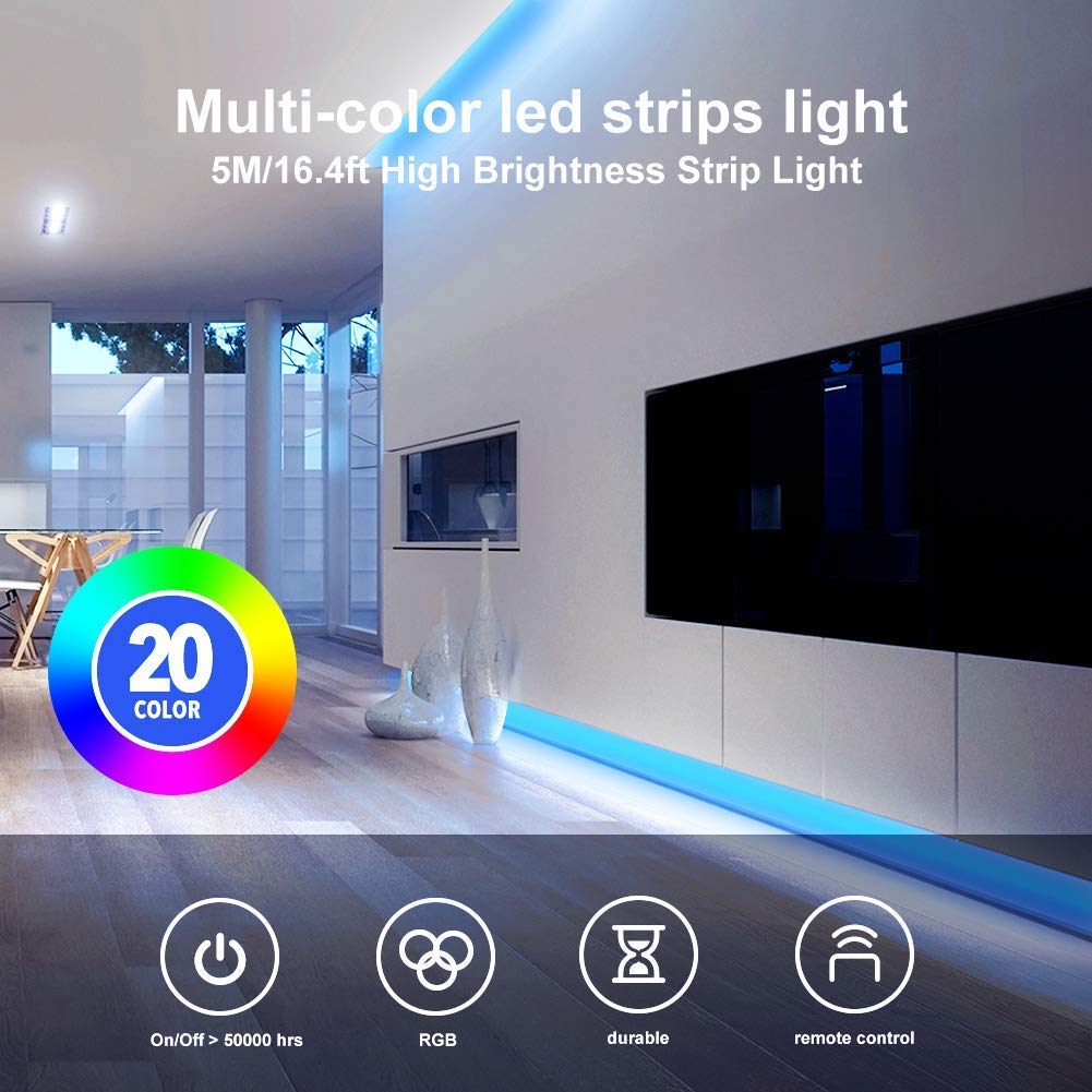 Daybetter Led Strip Lights 16.4Ft Multicolor With Remote Controller & Power Supply, Model Flsl-R5031-Rgb-Us, Plastic
