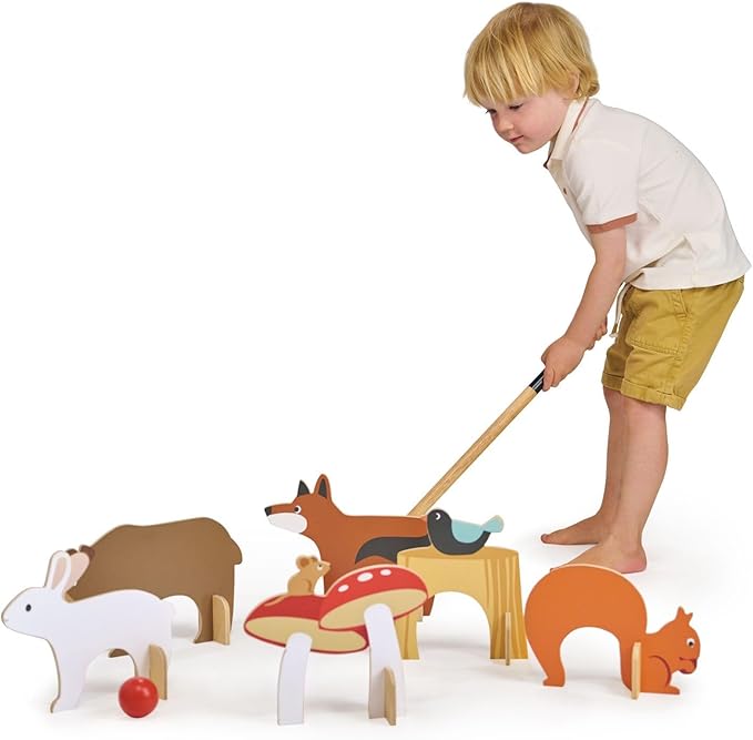 Tender Leaf Toys - Woodland Indoor Croquet Set - 17 Piece Portable Wooden Forest Themed Sports Toy for Boys and Girls - Boost Motor Skills and Hand-Eye Coordination - Interactive Family Game - Age 3+