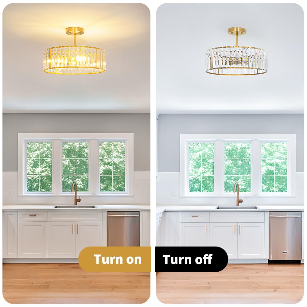 Modern Crystal Ceiling Light Fixture Semi Flush Mount Ceiling Light Brushed Brass Hallway Lighting Fixtures Chandelier Crystal Chandelier For Kitchen Bedroom Dining Room Closet 5-Light 16 Inch