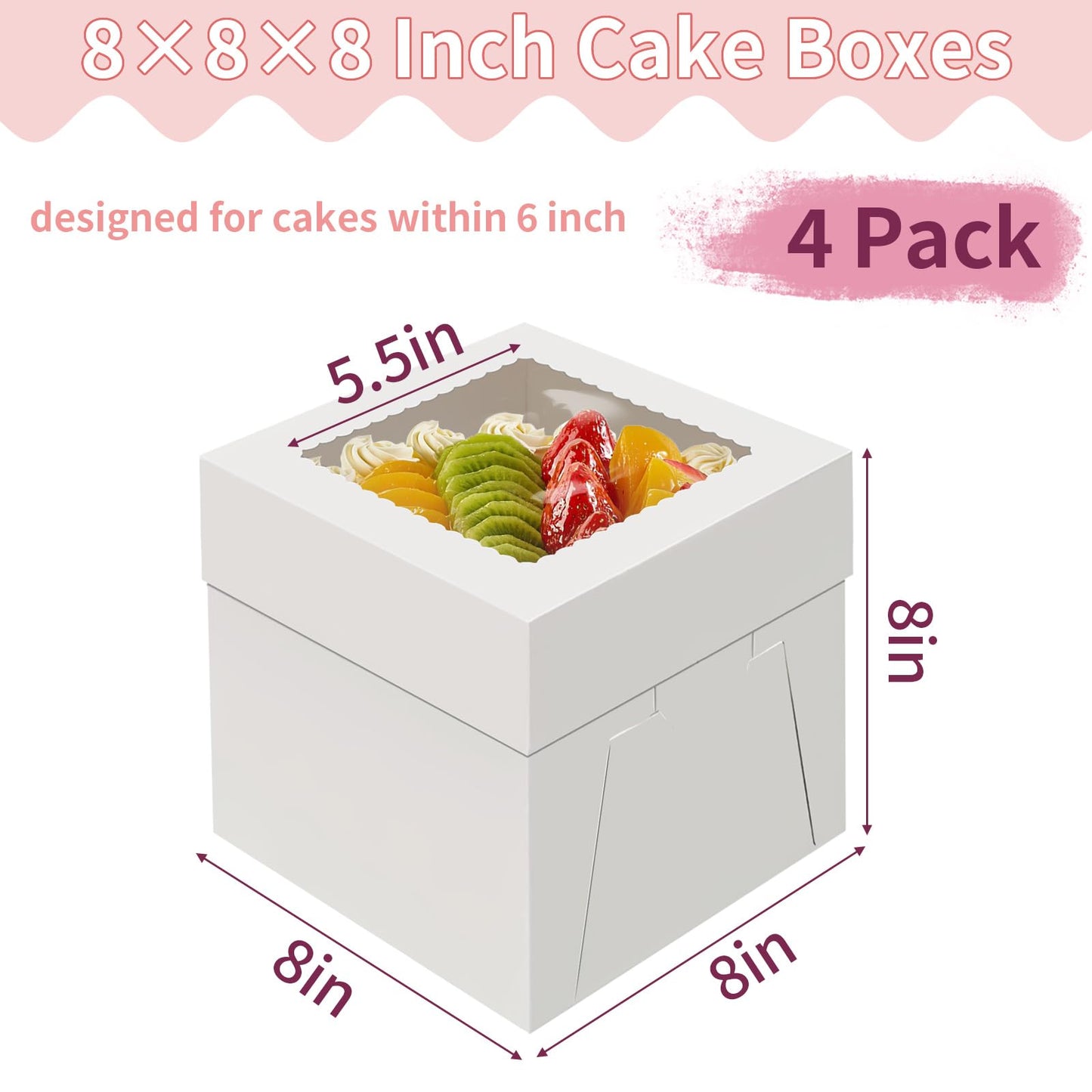 WINKIO 4 Pack Cake Boxes 8 Inch, Disposable Cake Transport Container, White Bakery Boxes with Large Window, for Cookies Pies Cupcakes Pastry (8×8×8 Inches)