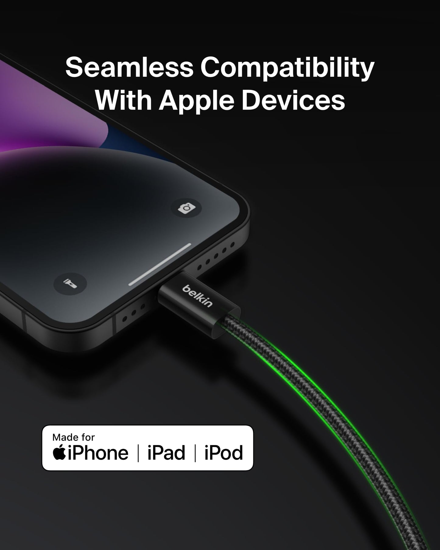 Belkin USB C Cable w/Lightning Connector, 6.6ft - Soft, Flexible Fast-Charging Cable, Lightning Charger Cord for iPhone 14 & Earlier Series, iPad 9th Gen, Airpods & More - Black