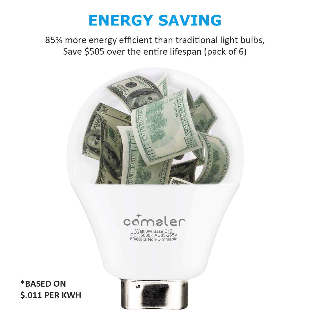 comzler Candelabra LED Bulbs - 60W Equivalent, 5000K Daylight White, E12 Base, 600lm, Non-Dimmable, Pack of 6