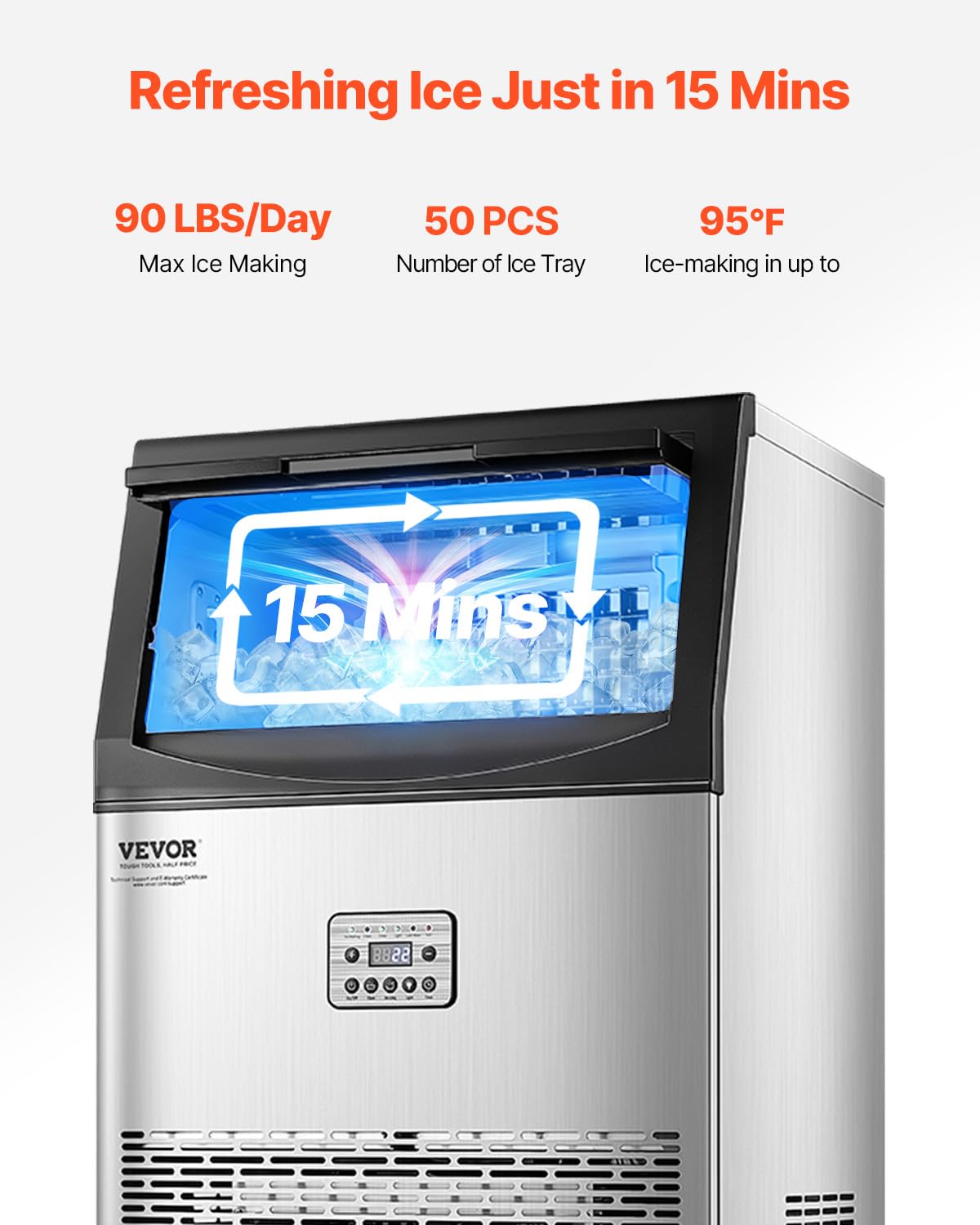 VEVOR Commercial Ice Maker Machine, 90lbs/24H Ice Maker Machine with 33lbs Storage Capacity, 50 Ice Cubes in 15 Minutes, LED Digital Display Freestanding Self-Cleaning for Bar Office Restaurant