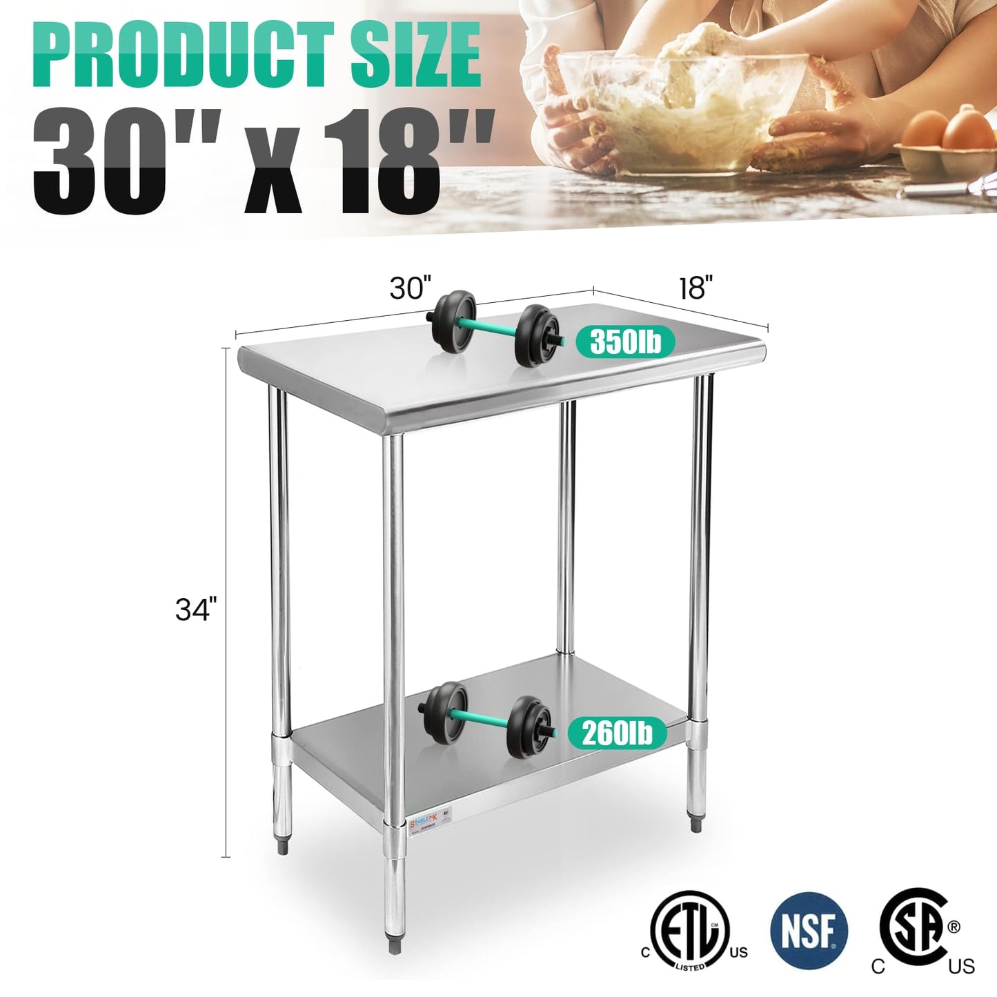 STABLEINK NSF Stainless Steel Table, 30 x 18 Inches Small Metal Prep & Work Table with Adjustable Undershelf, for Commercial Kitchen, Restaurant, Hotel and Garage