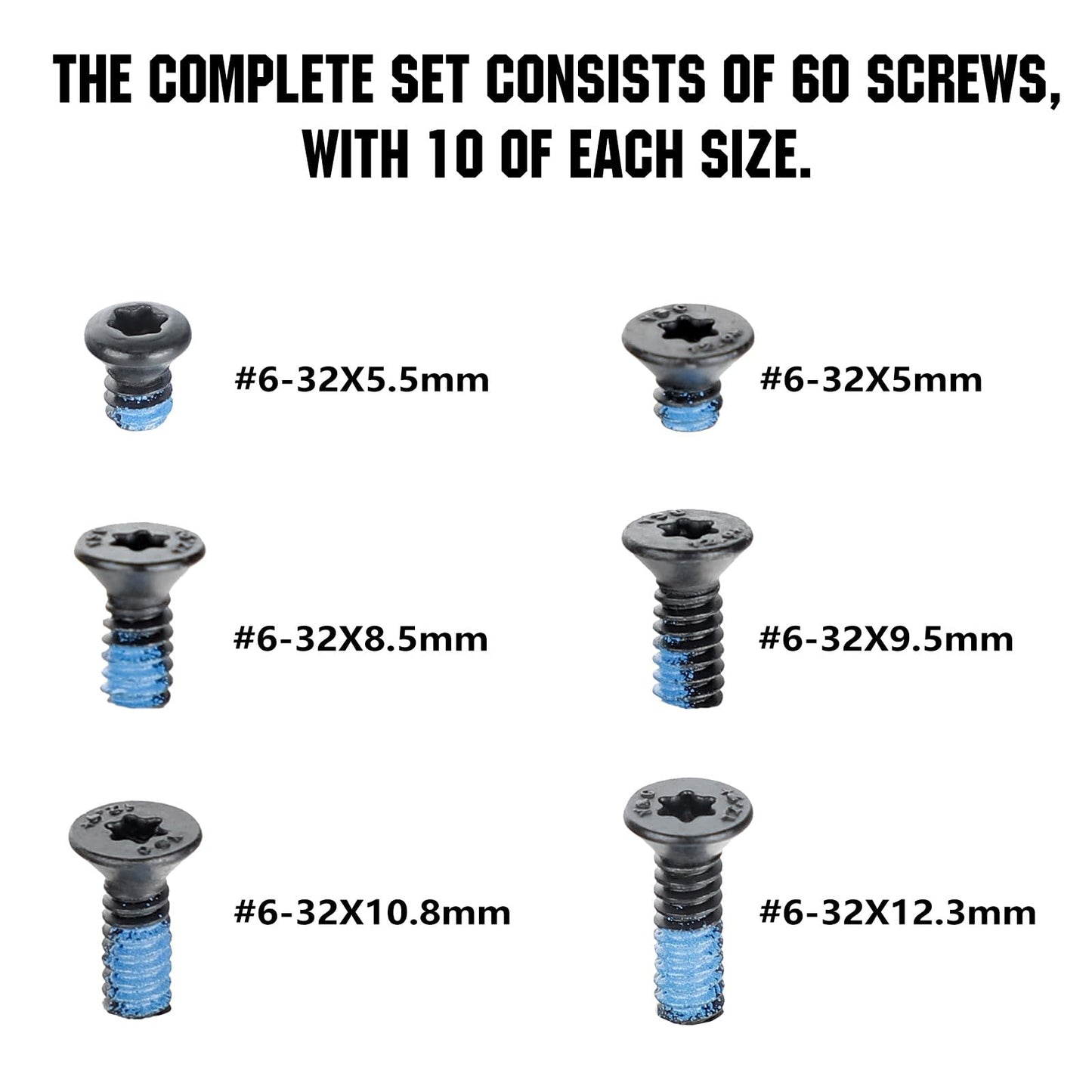 ohhunt 60 Pcs 6-32x5.5mm/5mm/8.55mm/9.5mm/10.8mm/12.3mm Alloy Steel Flat Head Screw for Red Dot Sight