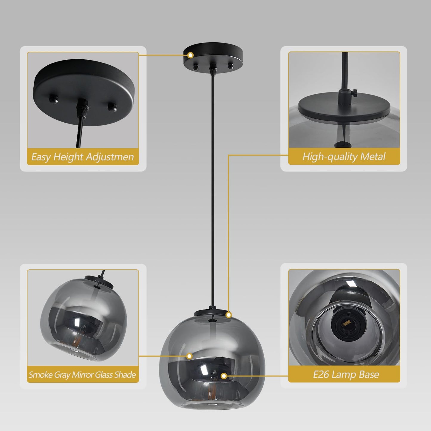 Lbsqj Mirror Smoke Gray Glass Pendant Lights Kitchen Island 3 Pack 7.87 Glass Globe Pendant Light Black Hanging Light Fixture Modern Pendant Lighting For Kitchen Island Bedroom Dining Room