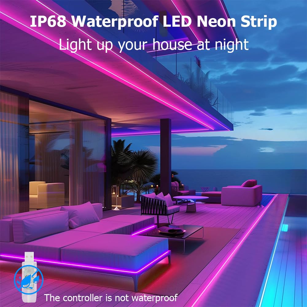 EcoMyLife 16.4ft LED Neon Rope Lights, RGB, IP68 Waterproof, Dimmable, Flexible Strip Light for Indoor/Outdoor Decor